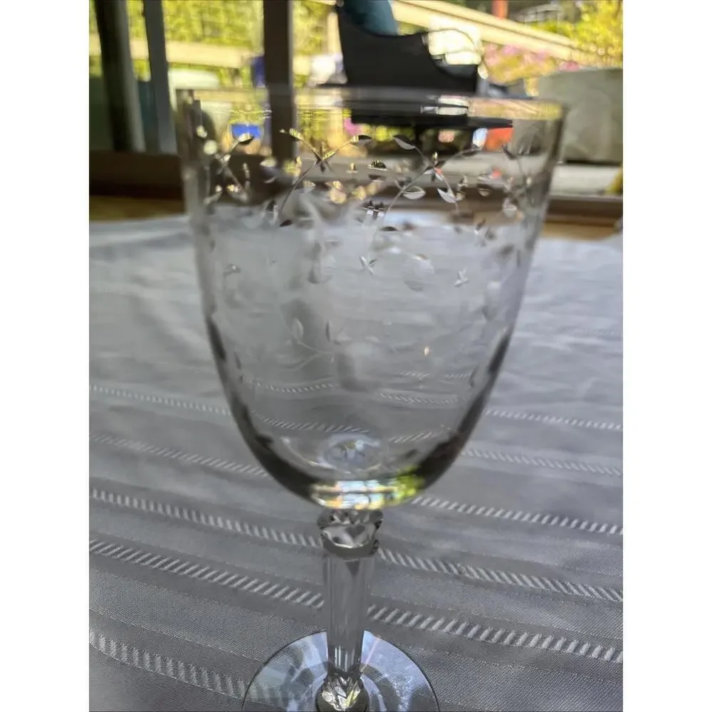 Vintage Etched Crystal Wine Glass 7.8” Floral Vine Stemware Fostoria Style